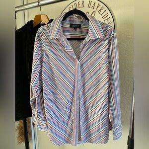 (2X) Jones New York Collar/Cuff, Striped, Button-Down Business Casual Blouse